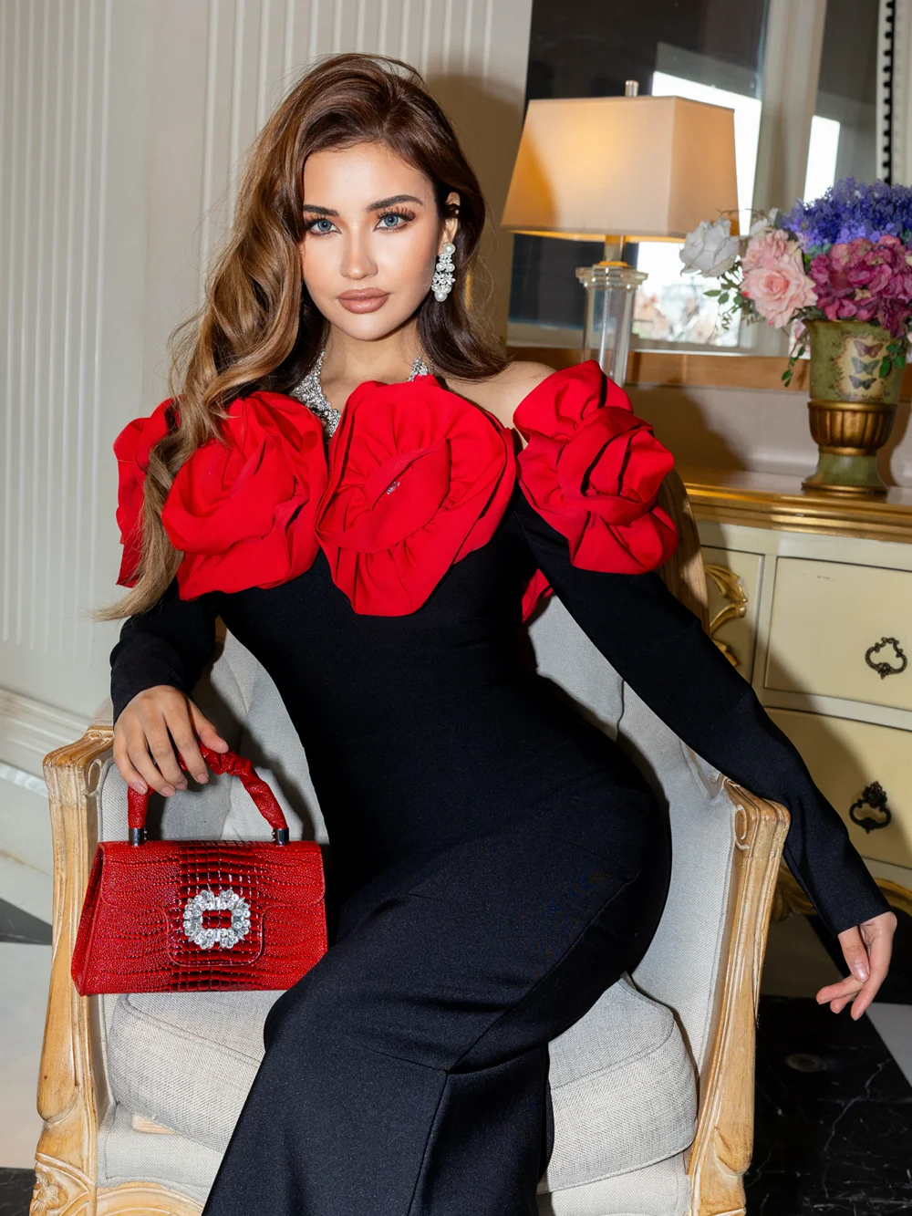 

High Quality Winter Women Long Sleeve Red Florals Bodycon Long Bandage Dress Celebrate Evening Party Birthday Fashion Dress