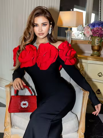 High Quality Winter Women Long Sleeve Red Florals Bodycon Long Bandage Dress Celebrate Evening Party Birthday Fashion Dress