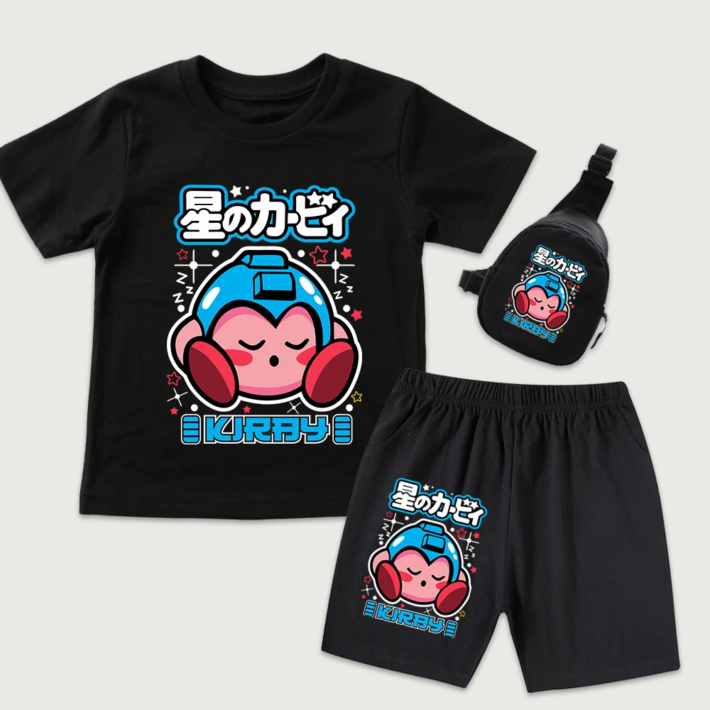 Conjunto de 3 Peças Kirby Megaman com Estampa de Anime para Crianças: Camiseta de Algodão, Shorts e Mini Bolsa de Peito - Roupa Casual de Verão para Meninos e Meninas