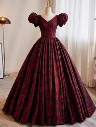 Customized Evening Dress Burgundy Satin Black Tulle Strapless Short Puff Sleeves A-line Floor Length Pleat Lady Party Dress