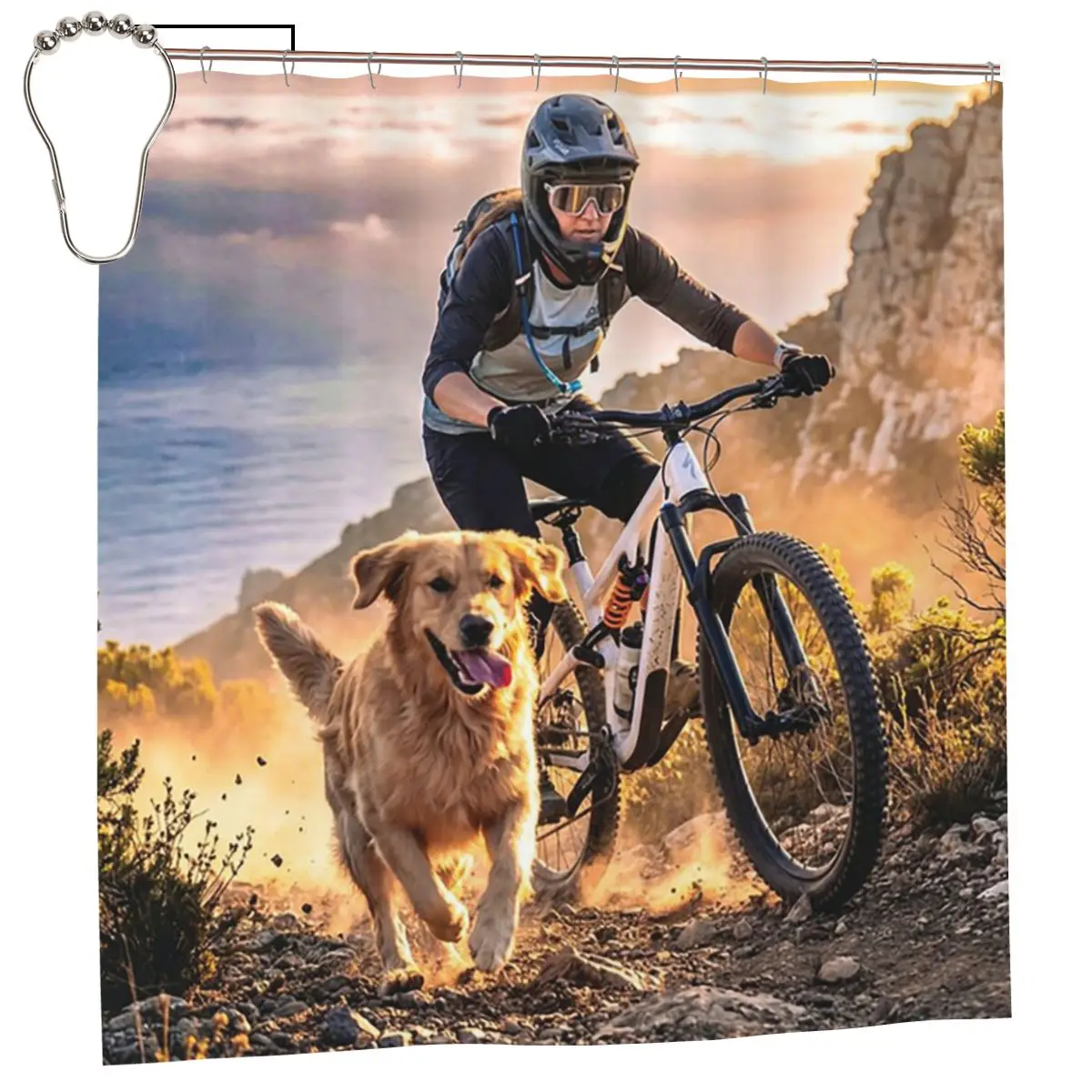 Trail Dog Loyalty Female Downhill Mountain Biker And Golden Retriever Shower Curtain Bathroom Bath Curtains with Hooks