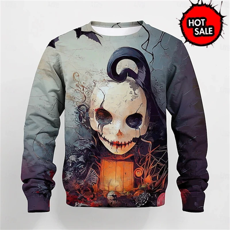 Halloween Pattern Graphic Sweatshirt For Men Cool 3d Printed Skull Ghost Pullovers Personality Cosplay Long Sleeves Tops Sweater