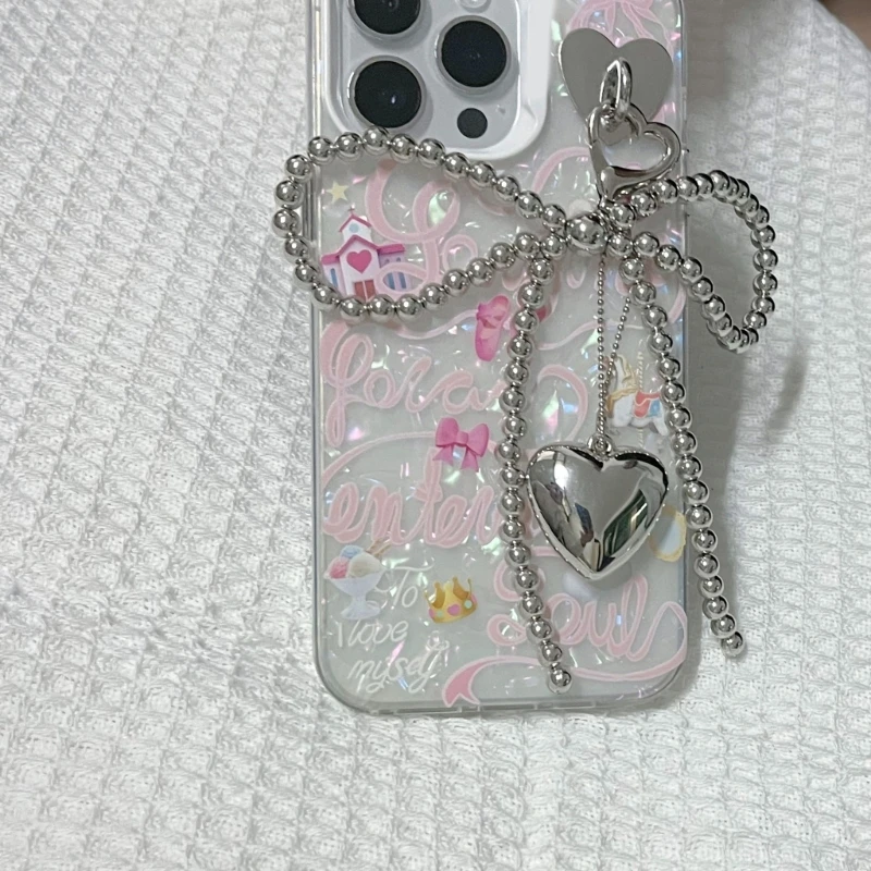 Pérolas frisadas Telefone Lanyard, Coração Bowknot Pendant, Wrist Strap, Bows Charm Keyring, Acessório Jóias para Mulheres e Meninas