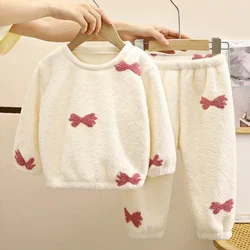 New Kids Autumn Winter Thicken Warm Fleece Pajamas Cute Cartoon Bowknot Casual Clothing Sets Baby Boys Girls Homewear Pyjamas