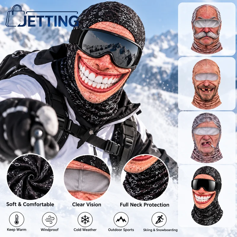 3D Face Printed Old Man Full Coverage Breathable Eye Hole Winter Mask Cover Stretch White Mustache Novelty Headwear