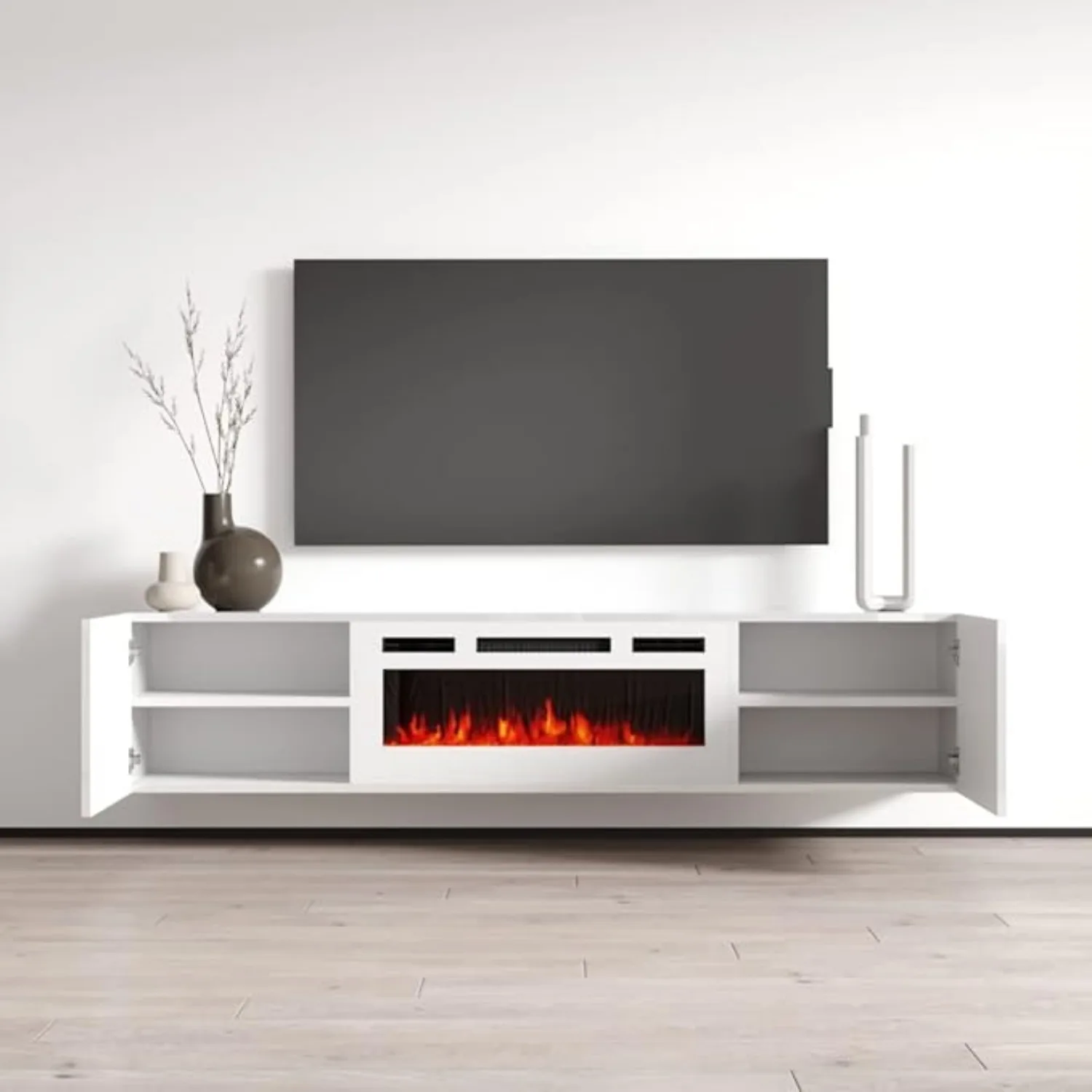 Flutuante lareira TV Stand, parede elétrica lareira com armários de armazenamento, moderno alto brilho 72 no Entertainment Center