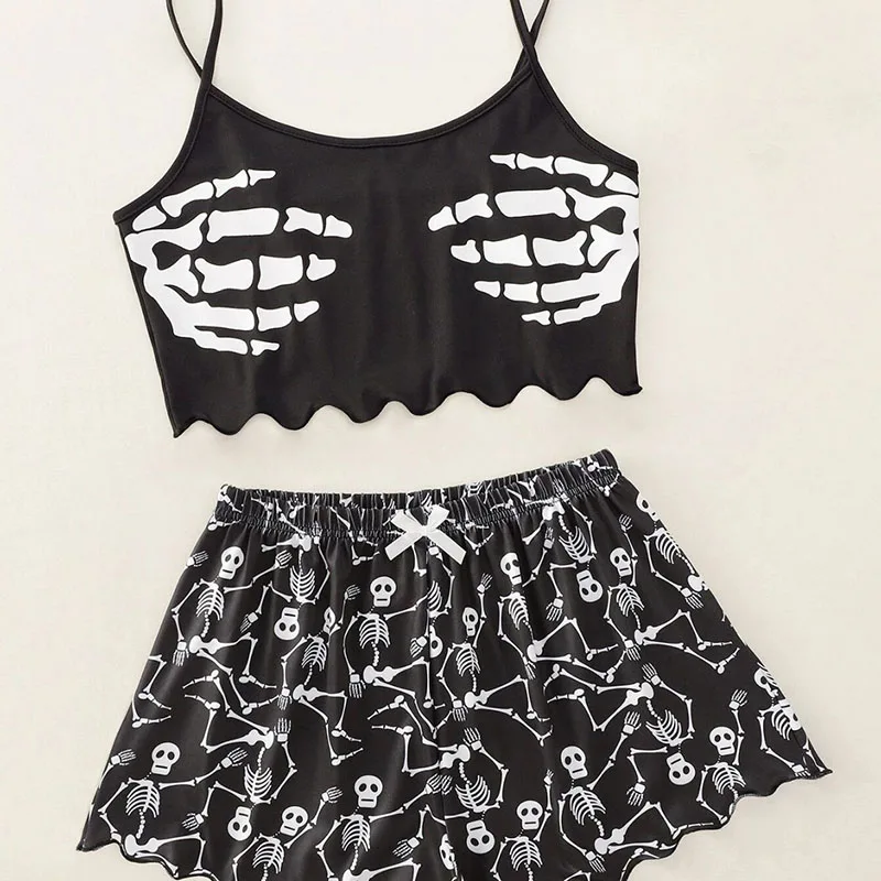 Printed Plus Size 2xl Camisole Top Shorts Homewear Set Easy to Clean Black Sexy Camisole Printed Shorts Student Pajama Set Birth