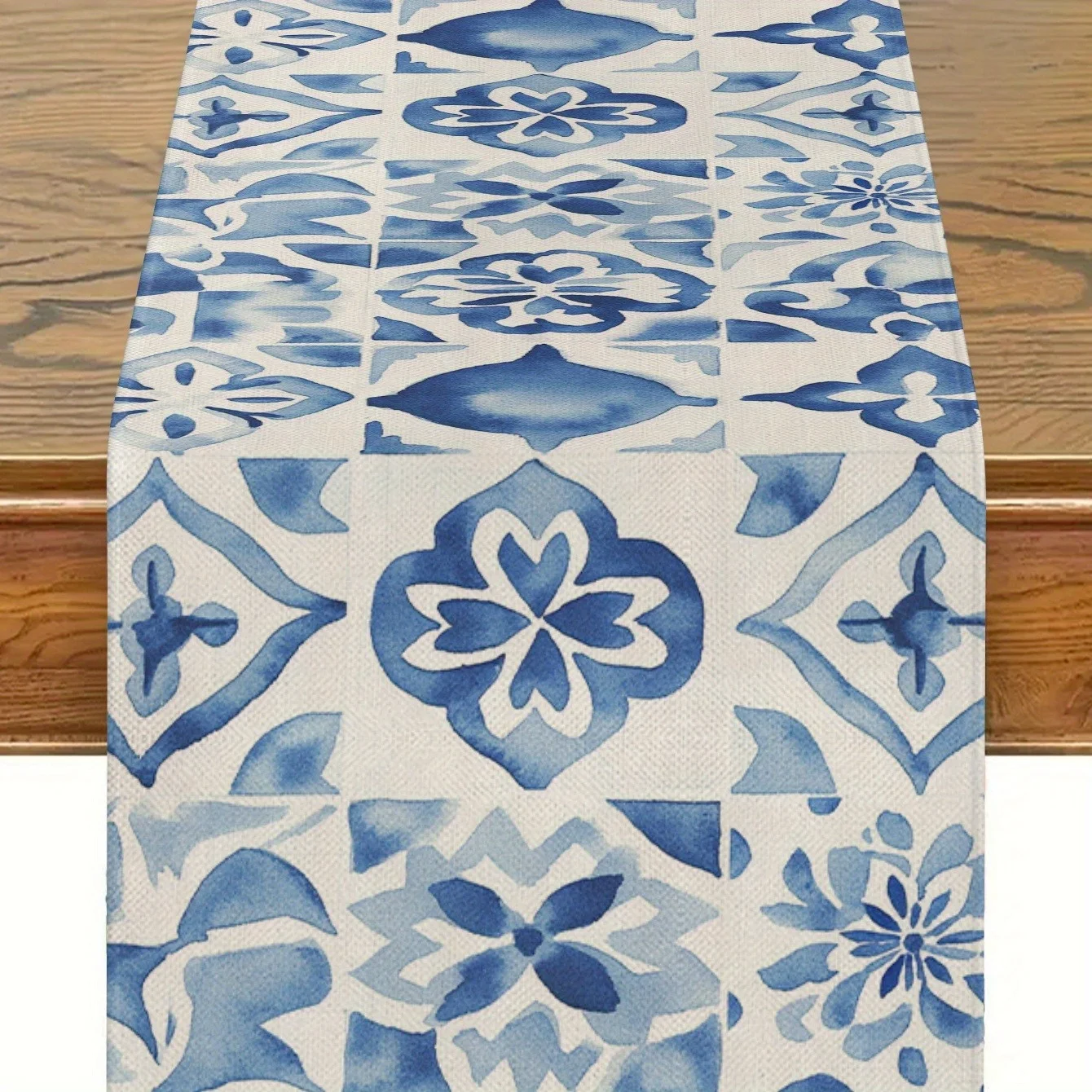 Elegant Blue & White Floral Table Runner - Blend Tile Pattern, Durable Holiday Wedding Party Decor