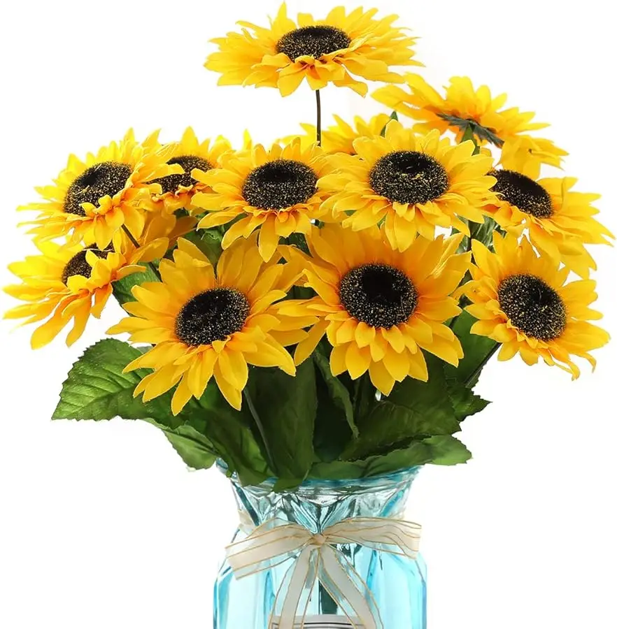 

15.74'' Artificial Sunflowers Bouquet with 14 Heads(Two Different Diameter of Flowers) and 40 Leaves Fake Silk Sunflowers Bouque