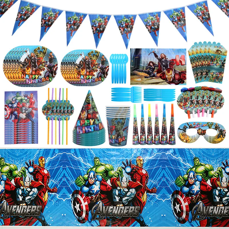 Avengers Superhero Theme Supplies Decorations Kids Birthday Disposable Tableware Tablecloth Cups Spiderman Party Theme Set