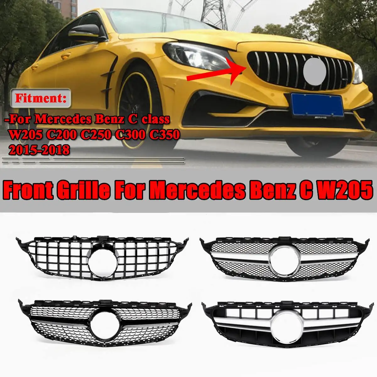 Diamond/GTR/AMG/C63S Style Front Bumper Radiator Grille Grill For Mercedes For Benz C Class W205 C200 C250 C300 C350 2015-2018