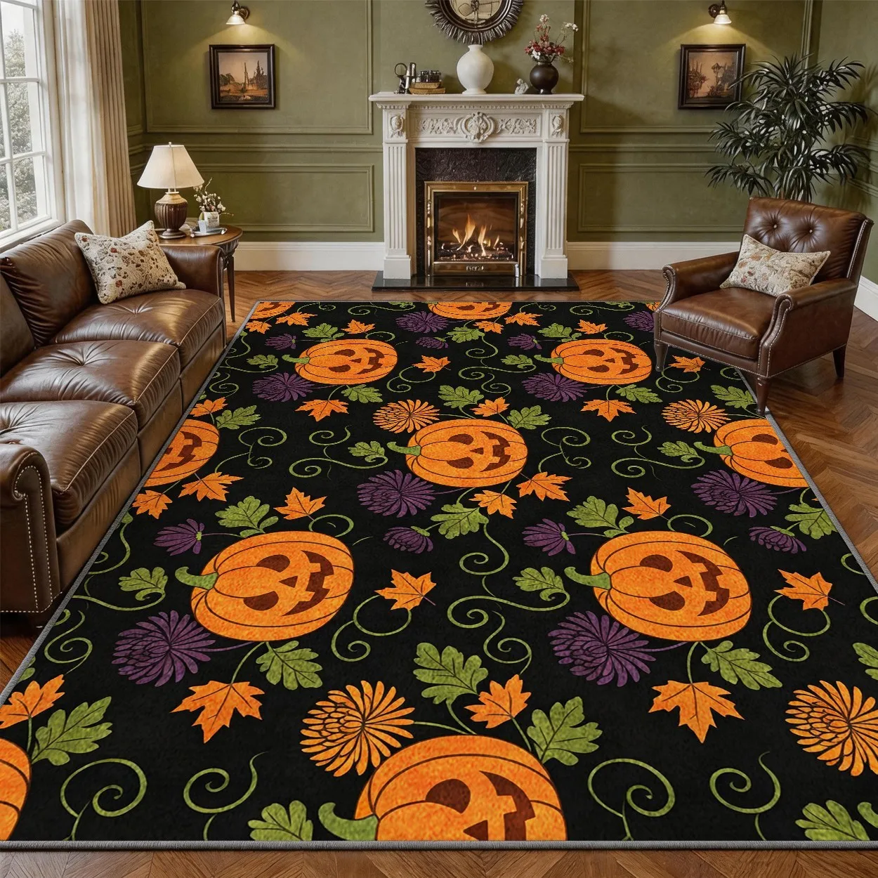 Indoor Floor Rug Pumpkin Non Slip Jack-O'-Lantern Washable Autumn Chrysanthemum Floral Cozy Holiday Farmhouse Living Room Decor