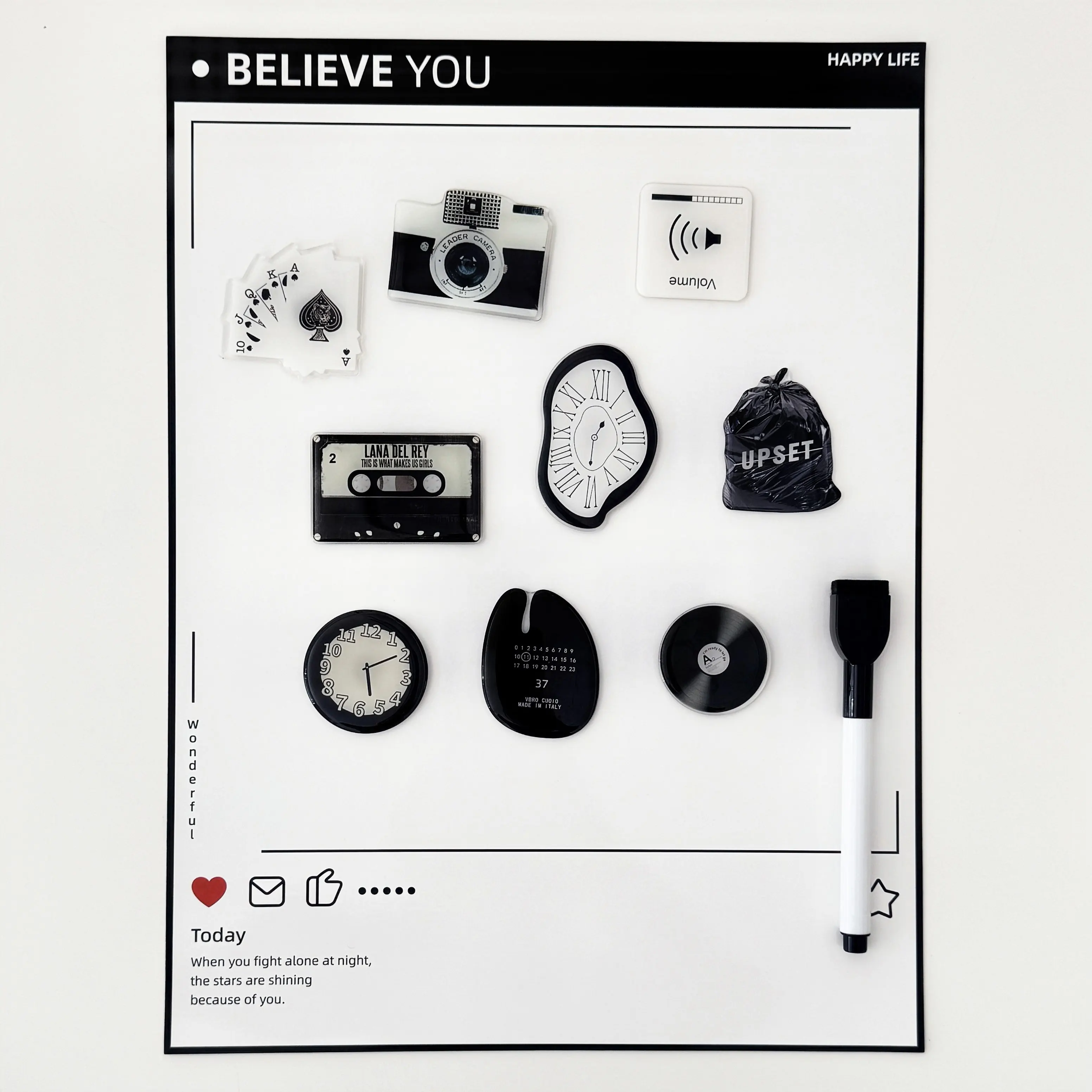 Black White Acrylic Fridge Magnets Simple Clock Cassette Poker Camera OK Calendar Tape Art Drip Glue Magnetic Home Decoration