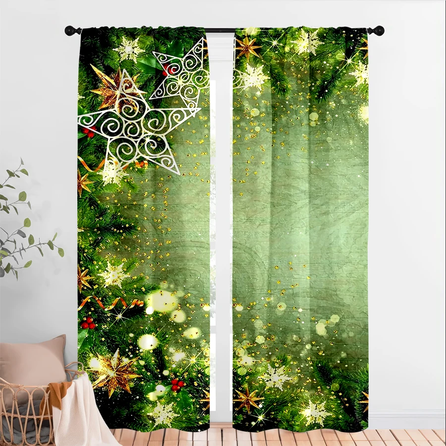 2PCS Christmas Winter Curtains, Pine Branch Star Snowflake, Digital Print, Bedroom Living Room, Rod Pocket Polyester, Home Decor