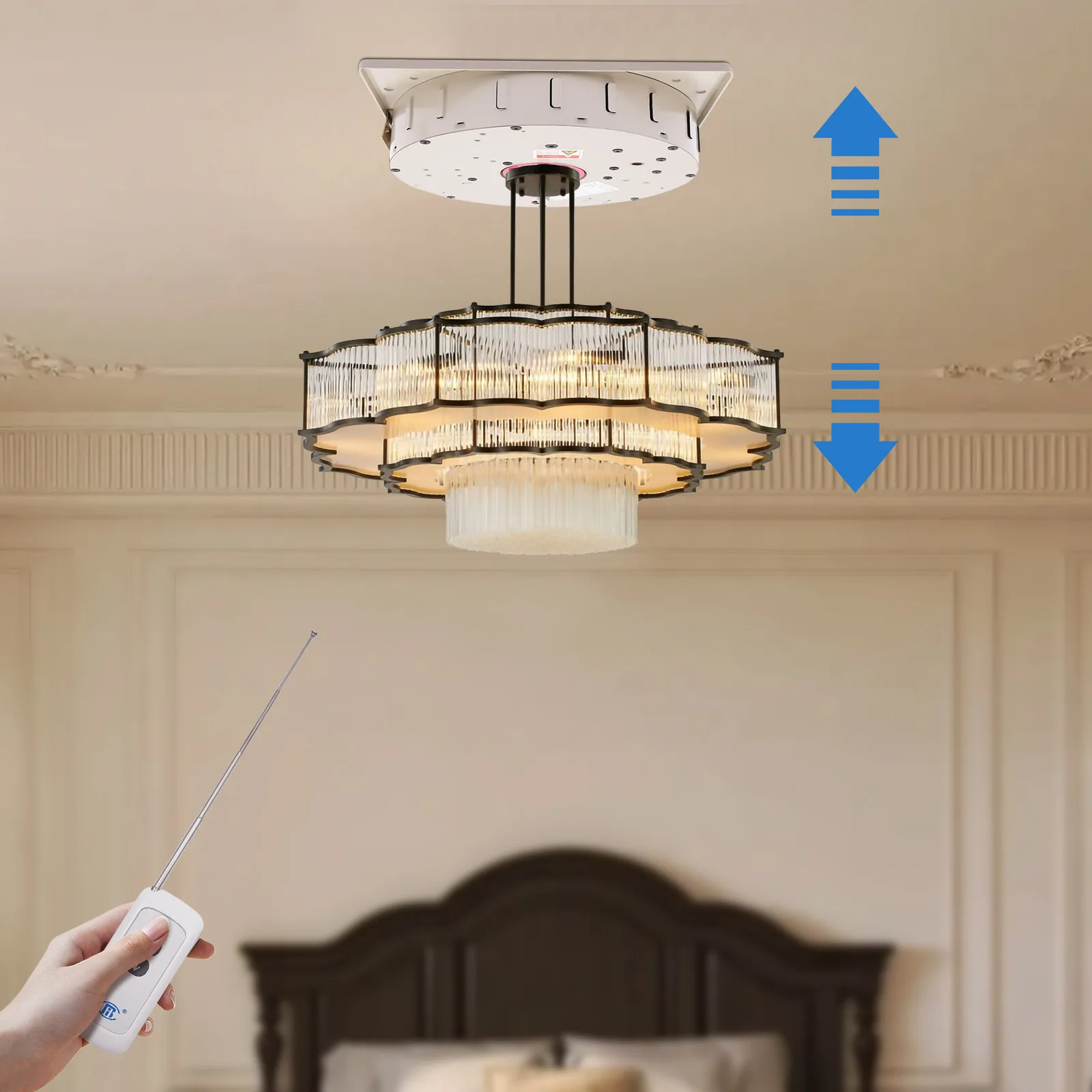 2-in-1 Chandelier Lift System with Remote Control and Wall Switch, 110v Electric Hoist with Overload Protection for Hotel Lobbies, Exhibition Halls