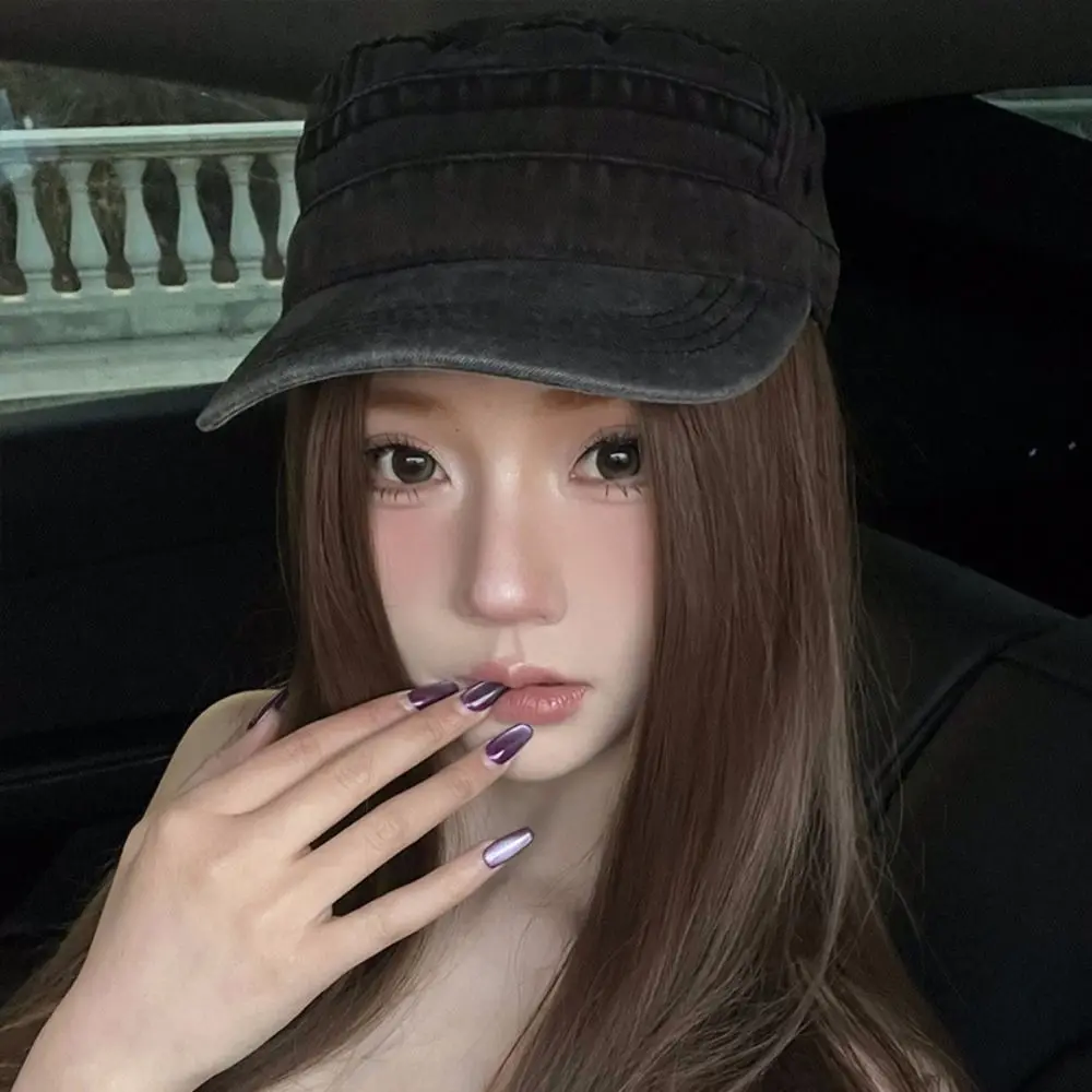 

New Vintage Flat Top Hat Washed Cotton Y2k Visor Hat Streetwear Gothic Cadet Cap Men Women