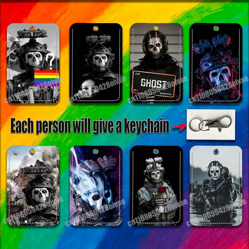 

C-Call of Duty COD Chost For ID Clips Credit Bank Subway Card Holder Cover Sleeve Ornament Leather Keychain