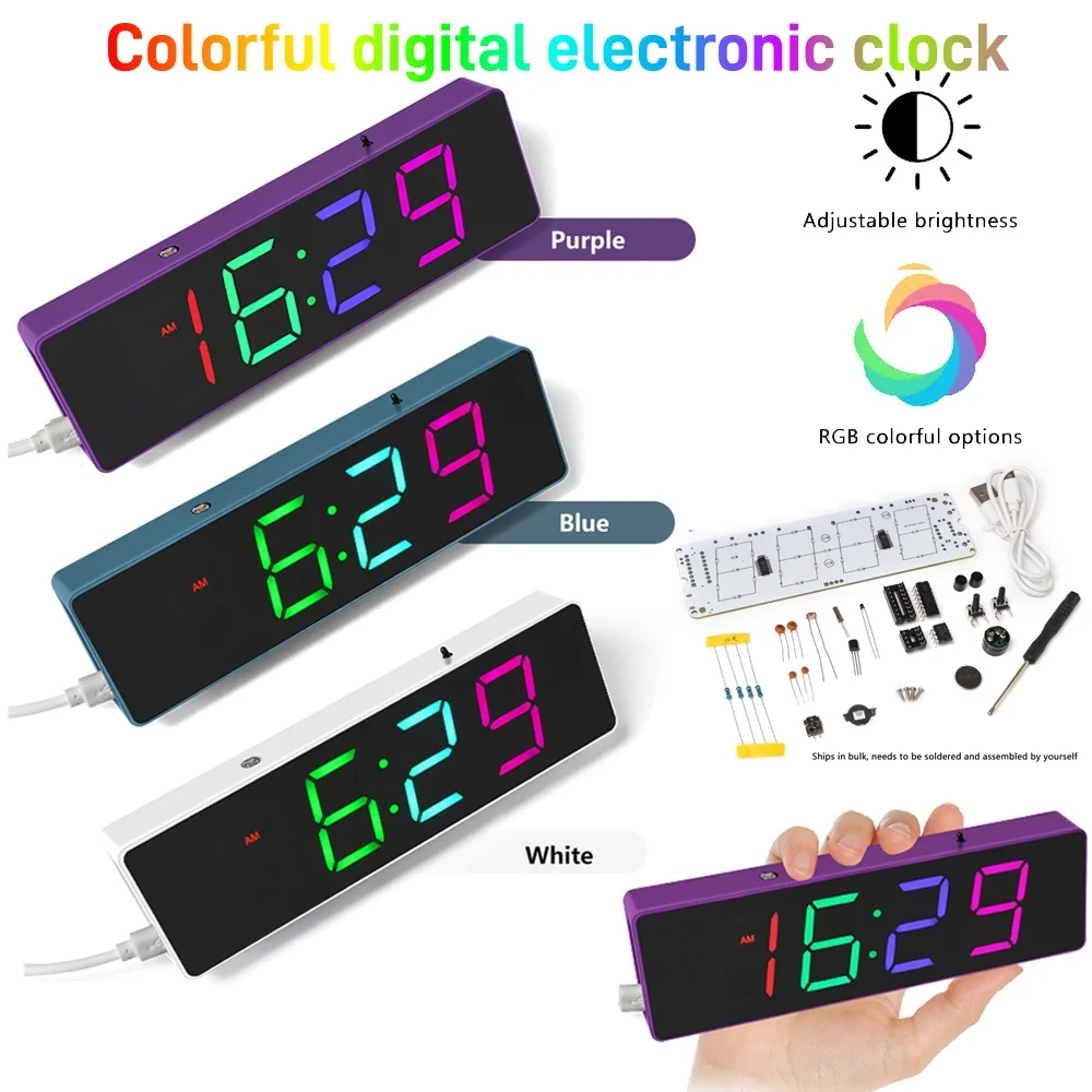 Mini RGB LED Digital Alarm Clock DIY Soldering Kit Adjustable Brightness Multi-Color Display Temperature Date Week Snooze Alarm