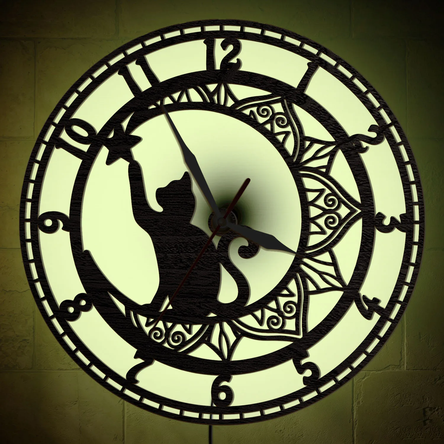 Cat On Moon Mandala LED Lighting Wall Clock Celestial Cat Bohemian Home Decor RGB Color Changing Night Light Wooden Wall Clock