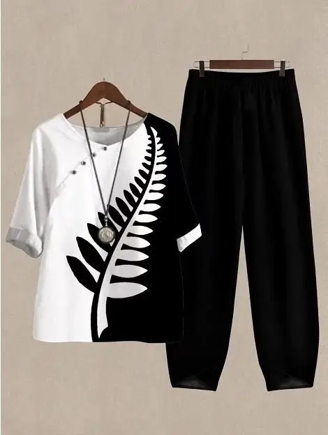 

2023 Women's New Printed Large Casual Suit Tee-Piece Set Faionable Winter Outfit for Middle-Aged Women