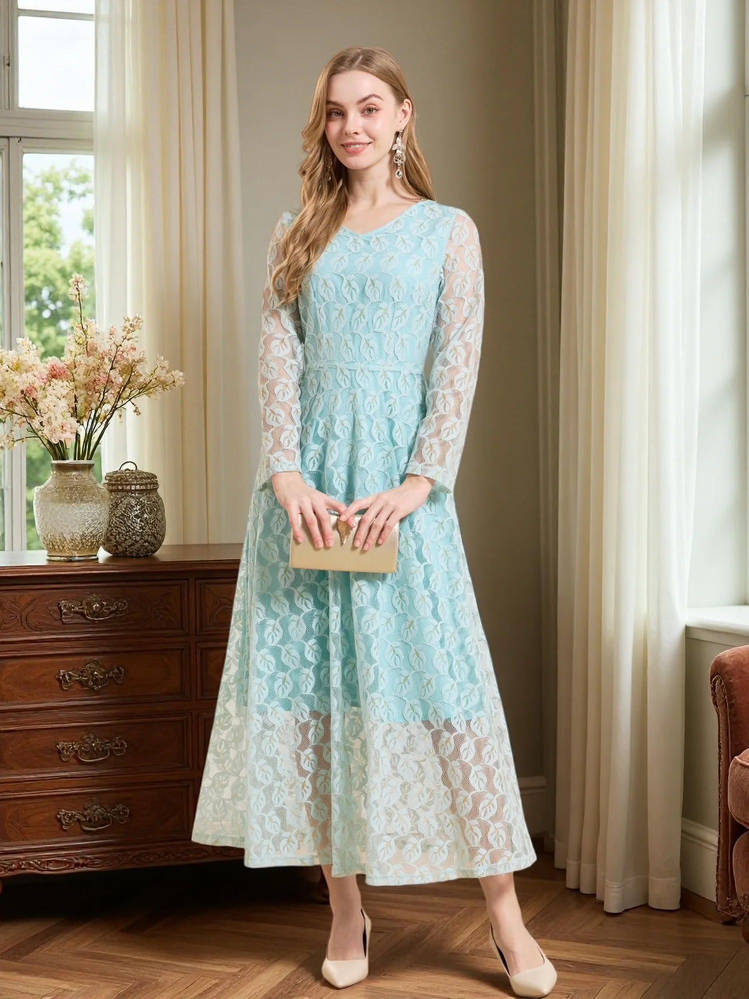 

Элегантное женское светло-голубое кружевное ультра-длинное вечернее платье с длинными рукавами для банкета и вечеринки, юбка