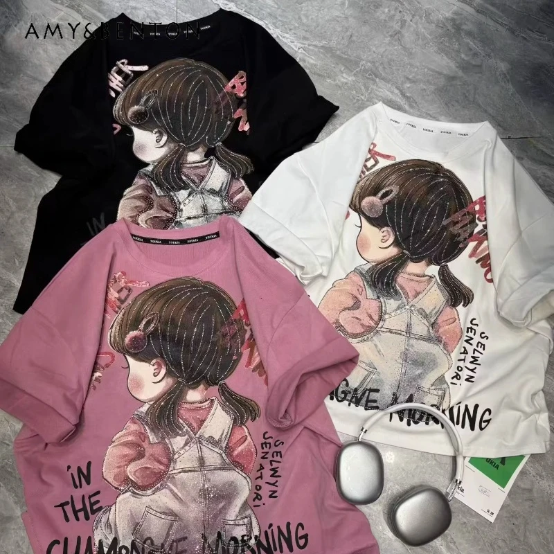 

Новая женская футболка с коротким рукавом, расшитая стразами и бисером, весна-лето 2026, в стиле Y2K, мультяшная, милая, свободная, в стиле кавайи