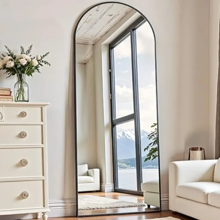 

Floor mirror for bedroom and living room: arched full-length standing or wall-mounted mirror, 59x18, silver aluminum frame, sle
