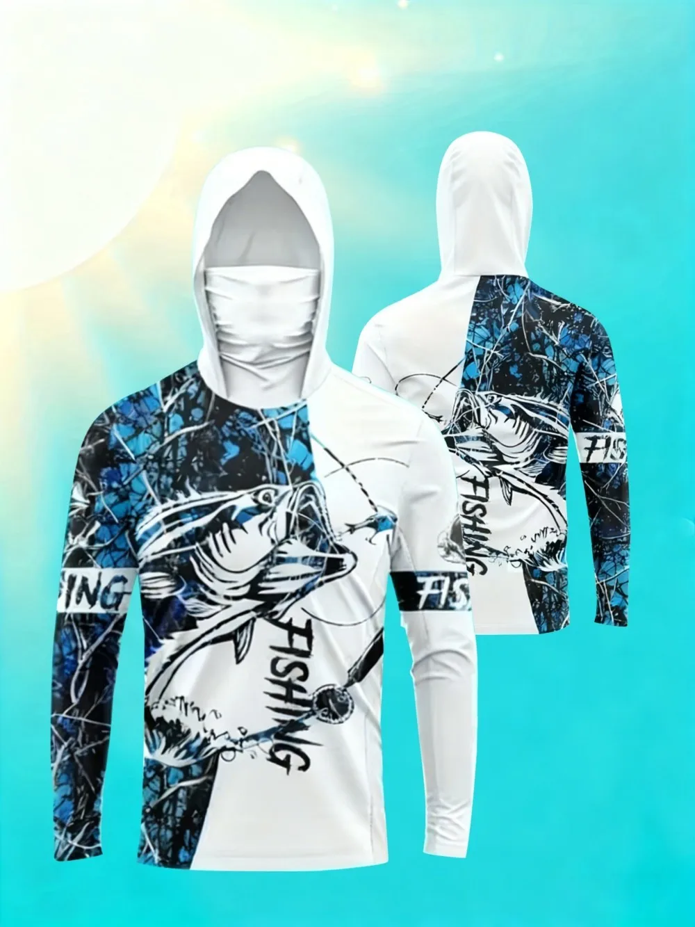 American Men's Summer Striped Letter Print Comfortable Breathable Hooded Fishing Suit Long Sleeved T-Shirt Outdoor Casual Top image 3