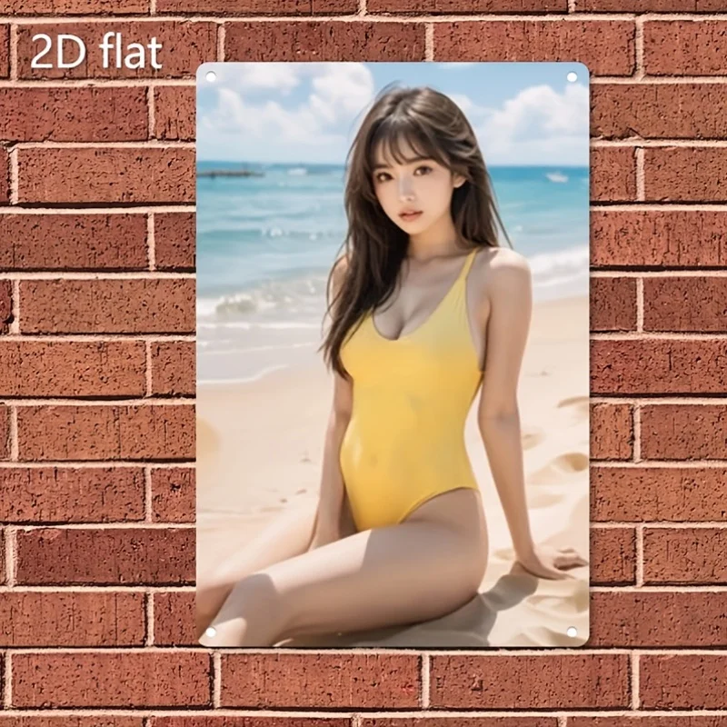 2D Metal Sign Vintage Metal Beach Wall Art, Yellow Swimsuit Woman Durable Iron Coastal Decor for Home Bar Cafe