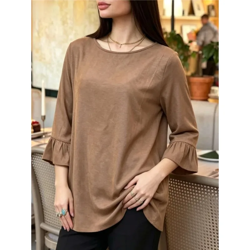 2026 Spring Autumn 3/4 Sleeve Ruffled Hem Top Round Neck Loose Fit Casual Blouse Fashionable Women's Shirt for Daily Life