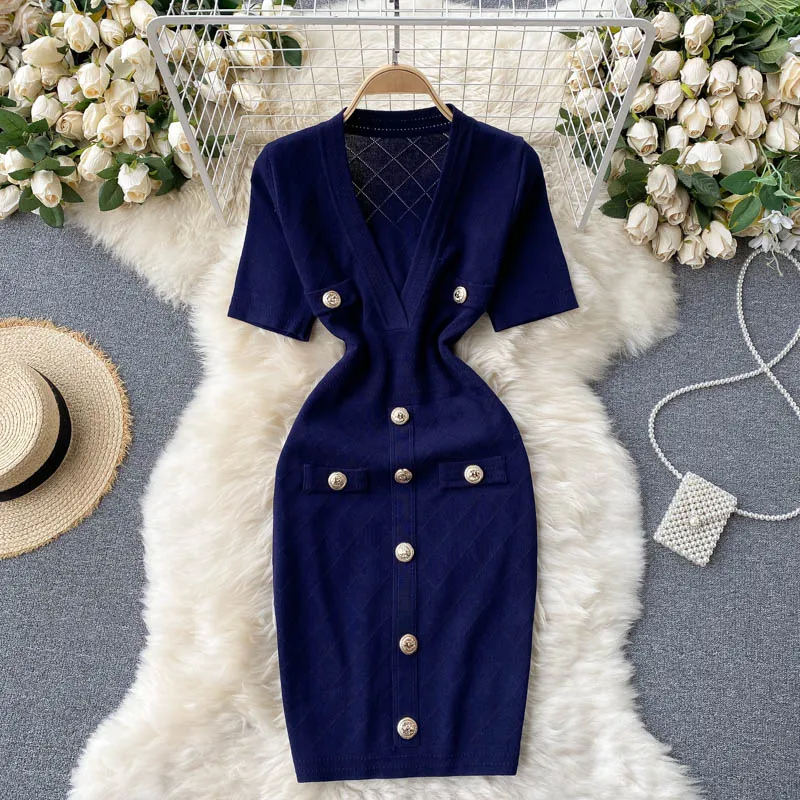 All Match Party Fashion Elegant Sexy Casual Y2K Button Vintage Korean Girl Festa Office Lady Solid Black Girl Clothing Dresses