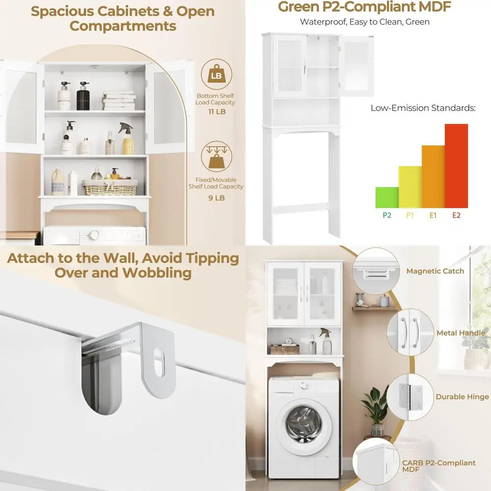 

66 Double Glass Door Over Toilet Storage Cabinet, Adjustable Shelf, Freestanding Bathroom Rack