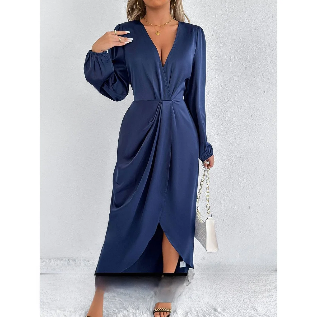 

Elegant Long Satin Dress Women's Commute Style Summer New Arrival Single Piece Bicycle Riding Suitable Full Sleeve Dress