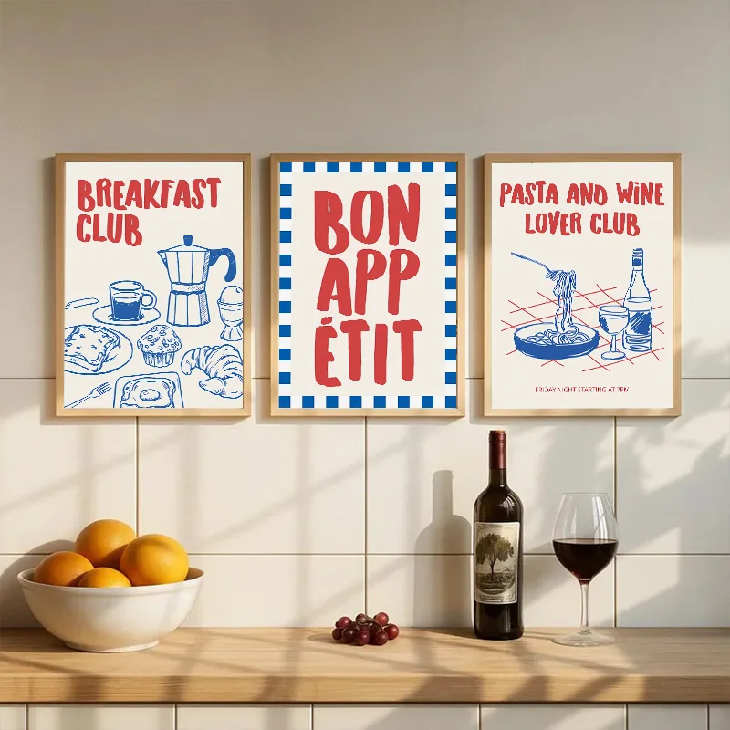 Póster de pared de Pasta de vino tinto azul, desayuno Gourmet, cocina, comedor, arte decorativo de pared, pintura minimalista en lienzo para el hogar