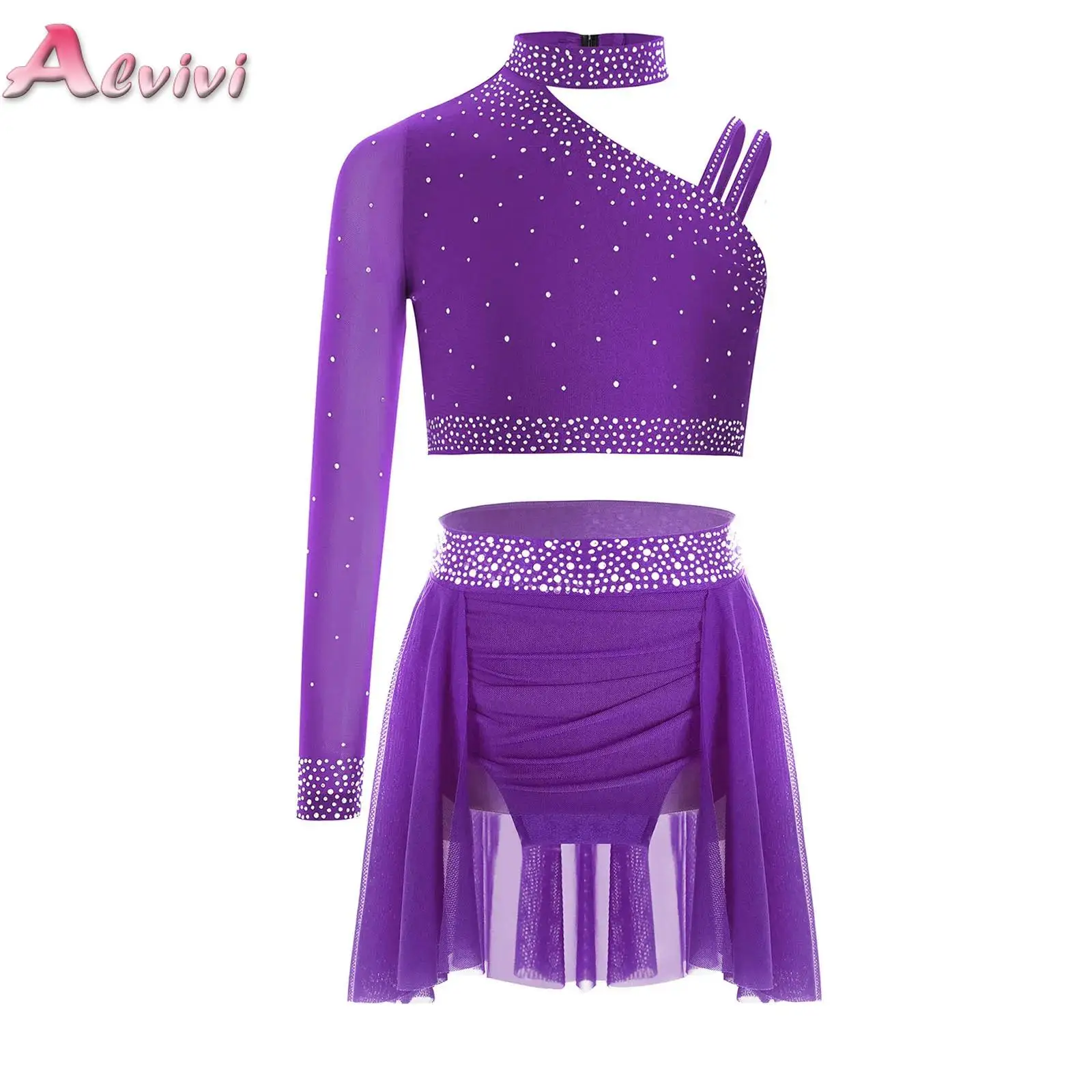 Kids Girls Dance Dress Unique Irregular Shoulder Rhinestones Crop Top with Ruched Skirt Outfits for Figure Skating Gymnastics