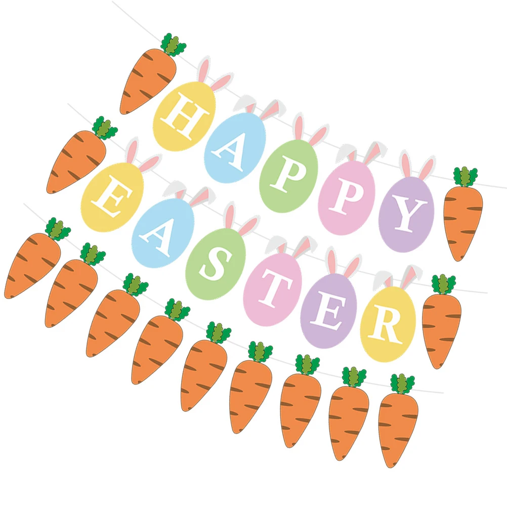 

Easter Bunting Banner Decorative Flags 2 Sets Carrot Layout Paper Party Happy Easter Themed Design Hanging Decoration