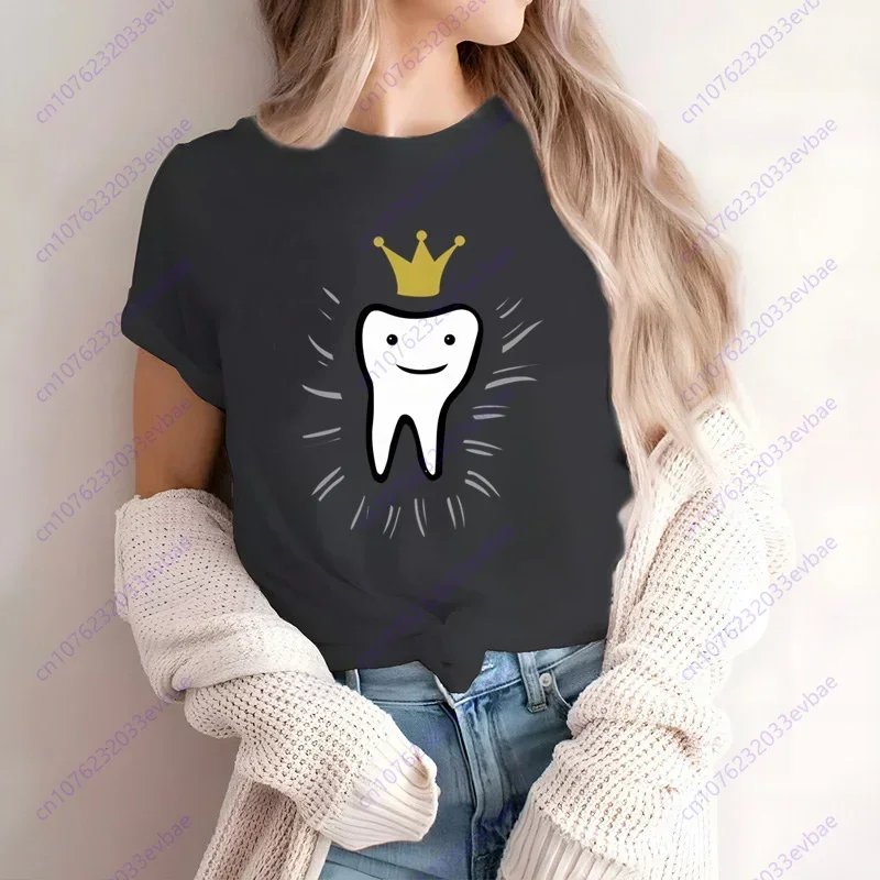 Aesthetic Funny Tooth Dentist Kawaii T-Shirt Women Short Sleeve Summer Fashion Tshirt Casual Black Fashion Tee Shirt O-Neck Tops