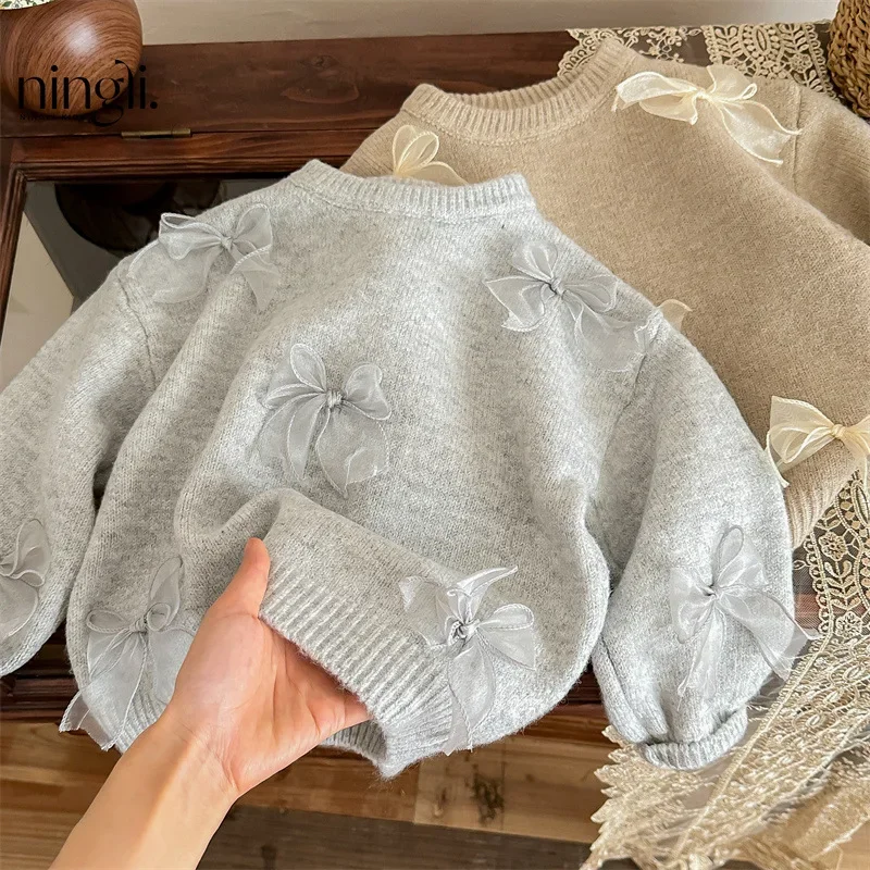Korean Childrens Clothing 2024 Girls Sweater Autumn New Fashion Girl Korean Fashion Childrens Bow Knit Sweater