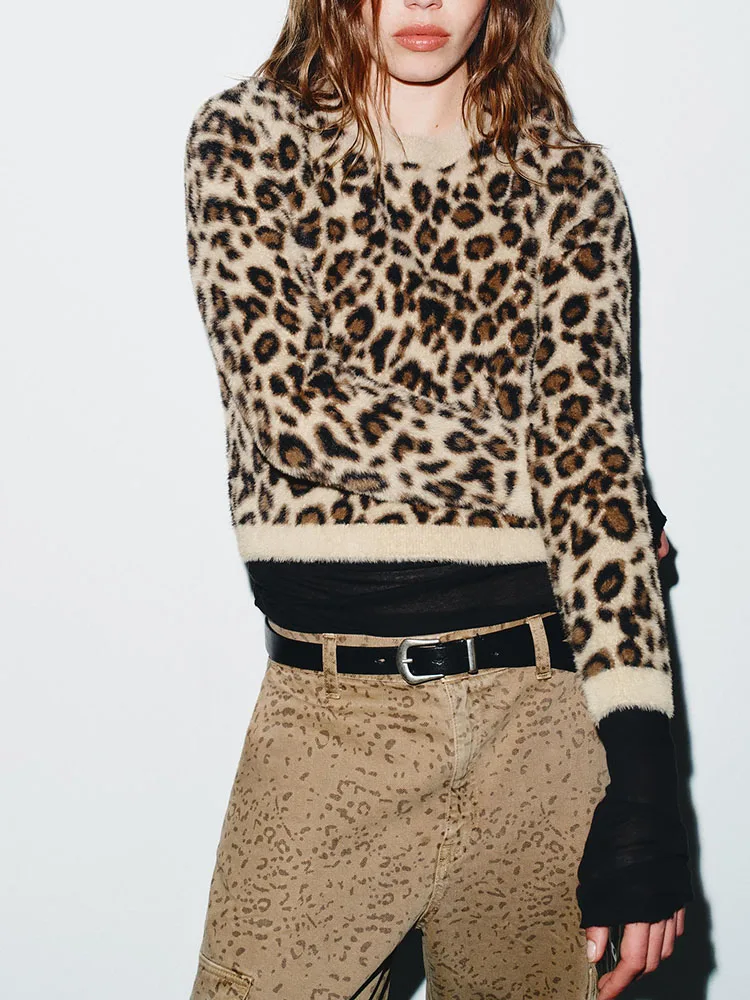 2025 inverno nova camisola de malha feminina animal impressão efeito pele artificial versátil longo sve redondo ne ort casaco sle