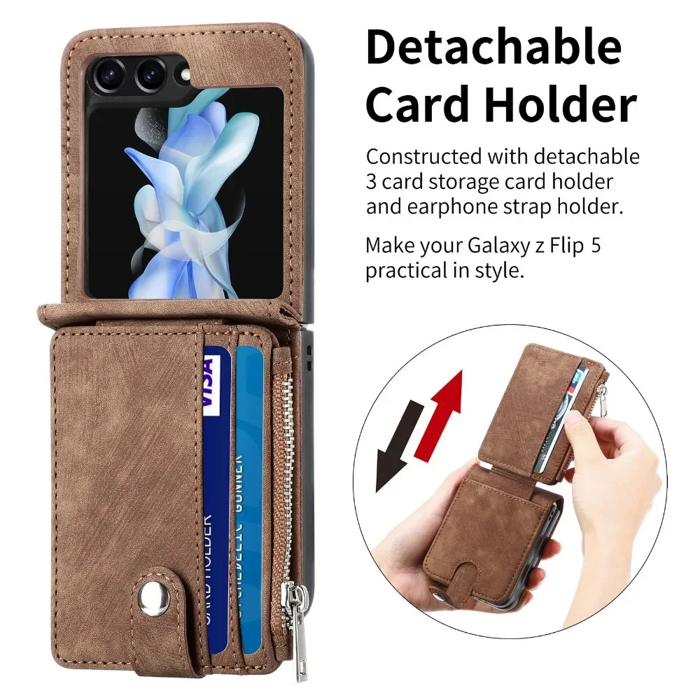 Galaxy Z Flip 6 Wallet Phone Case with Removable Card Holder for Samsung Z Flip 5 4 3 Flip5 Flip4 Flip3 5G Faux Leather Cover