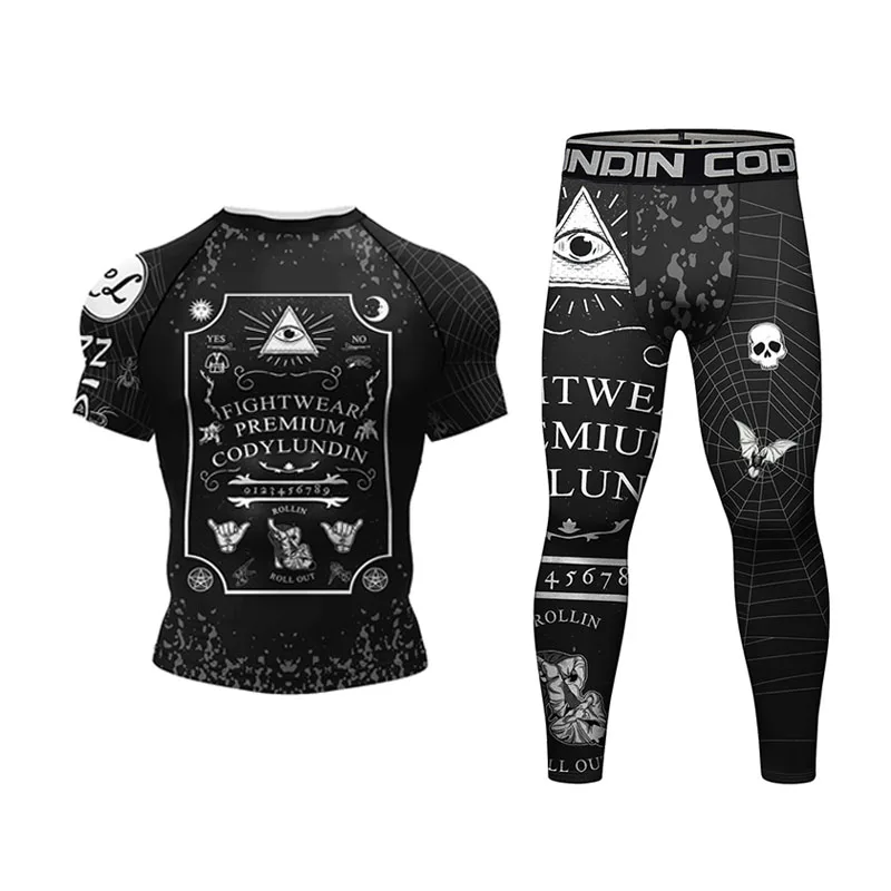 Skull Jiu Jitsu Rashguard For Men MMA T-shirt +Shorts Pant Set Brazilian Grappling Bjj Boxing Rash Guard Gym Boxeo Sport Jerseys