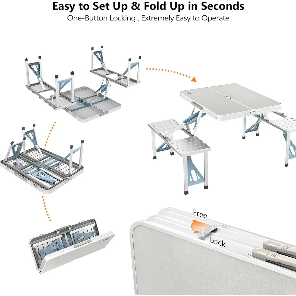 4Ft Folding Camping Picnic Table with Seats/Umbrella Hole-265 Lbs Support That Lightweight and Fold Up Card Suitcase Table Alum image 5