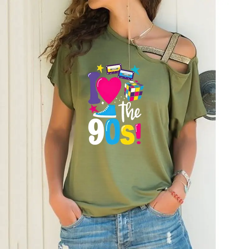 Fashion Women\'s t shirt Sexy Off Shoulder Short Sleeve 90\'s Retro Feeling Graphics Prin Irregular Skew Cross Bandage Tops Tees