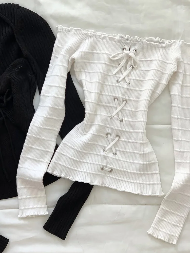 

Оригинальный белый вязаный свитер в стиле ретро с полосками, утягивающий топ с поясом для женщин, хлопковый длинный свек, осенняя мода