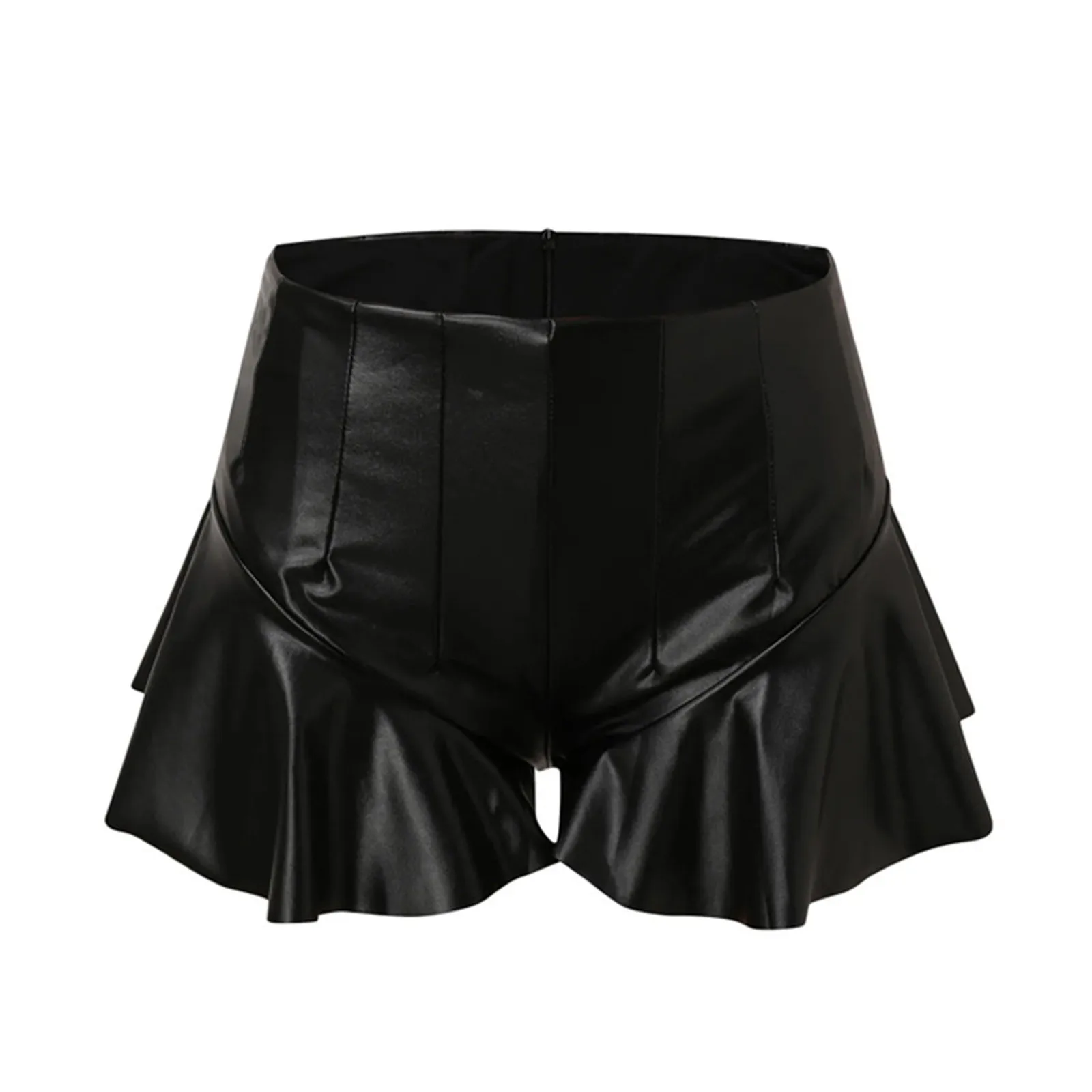 

Sexy Faux Leather Shorts Ruffled Women Pu Mini Shorts Skirt Ladies High-Waisted Hotpants Nightclub Pleated Short Pants Clubwear