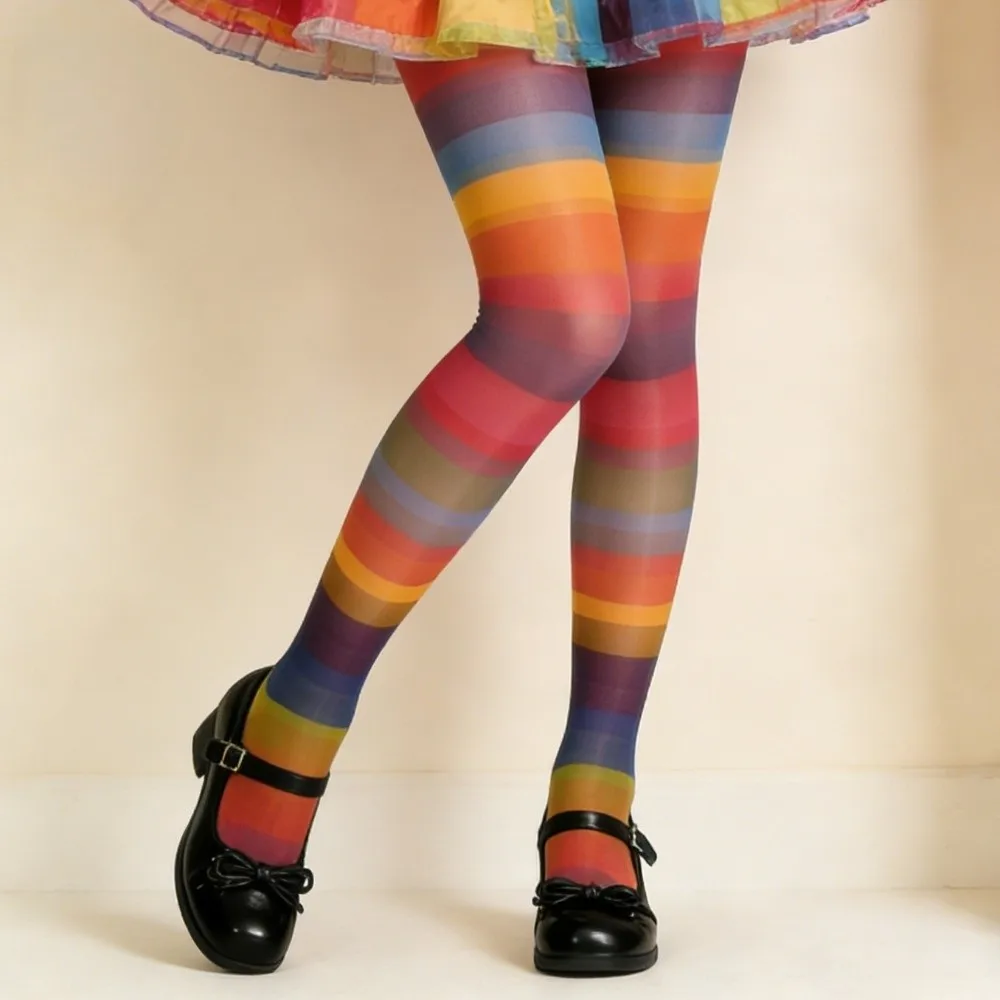 

Эластичные дышащие бесшовные колготки-радуга с разноцветными полосками, тонкие градиентные колготки для косплея