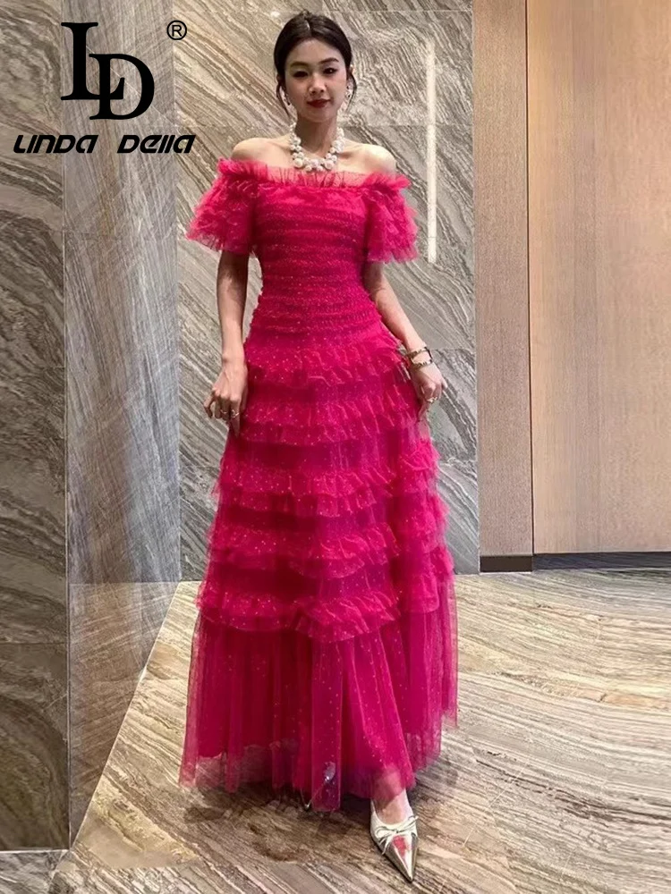 Ld linda dell rosa malha vermelha renda fora do ombro jantar festa sexy em camadas plissado preto fungo borda vestido elegante