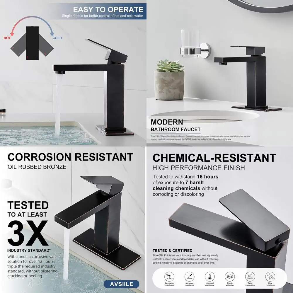 

Modern 1-Hole Oil-Rubbed Bronze Vanity Faucet with Single Handle, Pop-Up Drain & Water Hoses