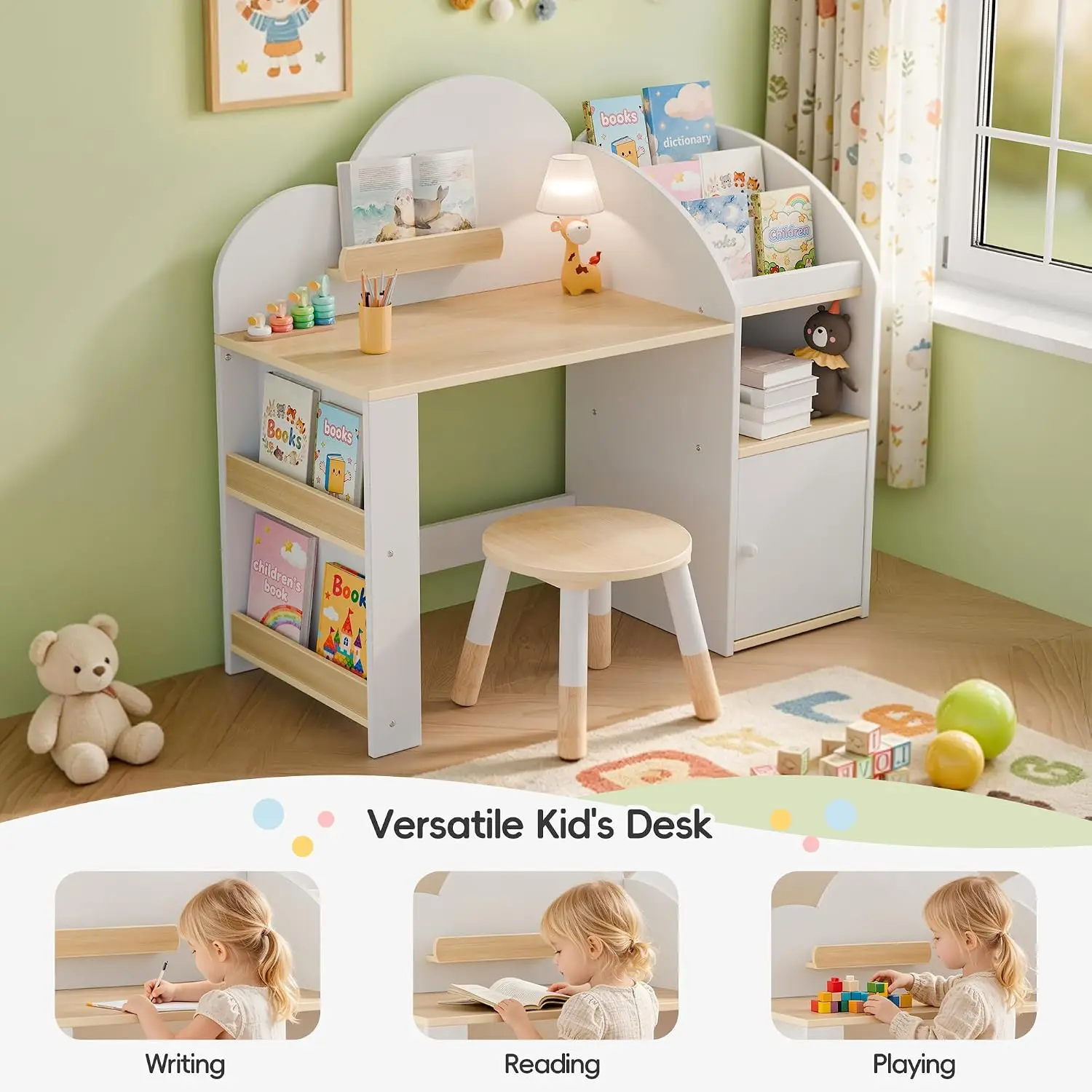 Kids Study Desk & Chair Set with 2 Bookshelves & Storage Cabinets, Wooden Student Table & Stool for Ages 3-8, Customized view 6