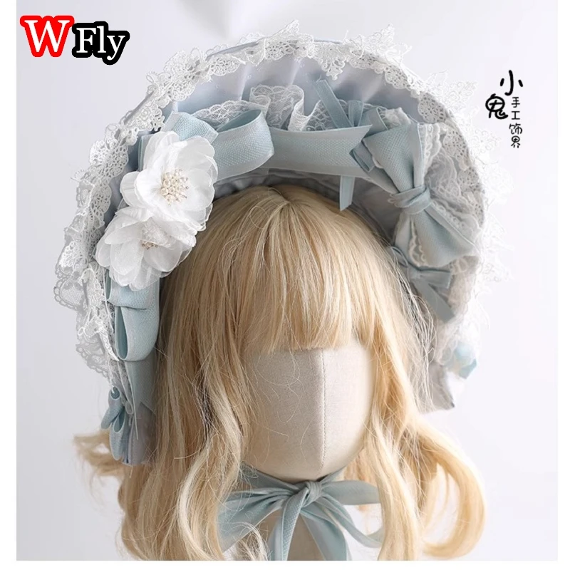 Harajuku Gothic Lolita Bonnet Blue headband with white lace headband hairgrips Hairpin clip hair band  Headdress  Brooch